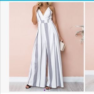 Grey and White Striped Jumper Wide Leg